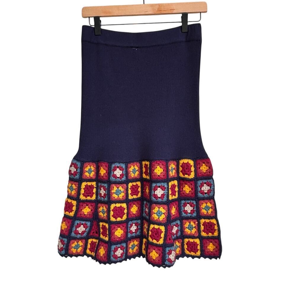 NWT Harlyn Knit Anthropologie Skirt Size S Navy Crochet Granny Squares - Picture 2 of 11